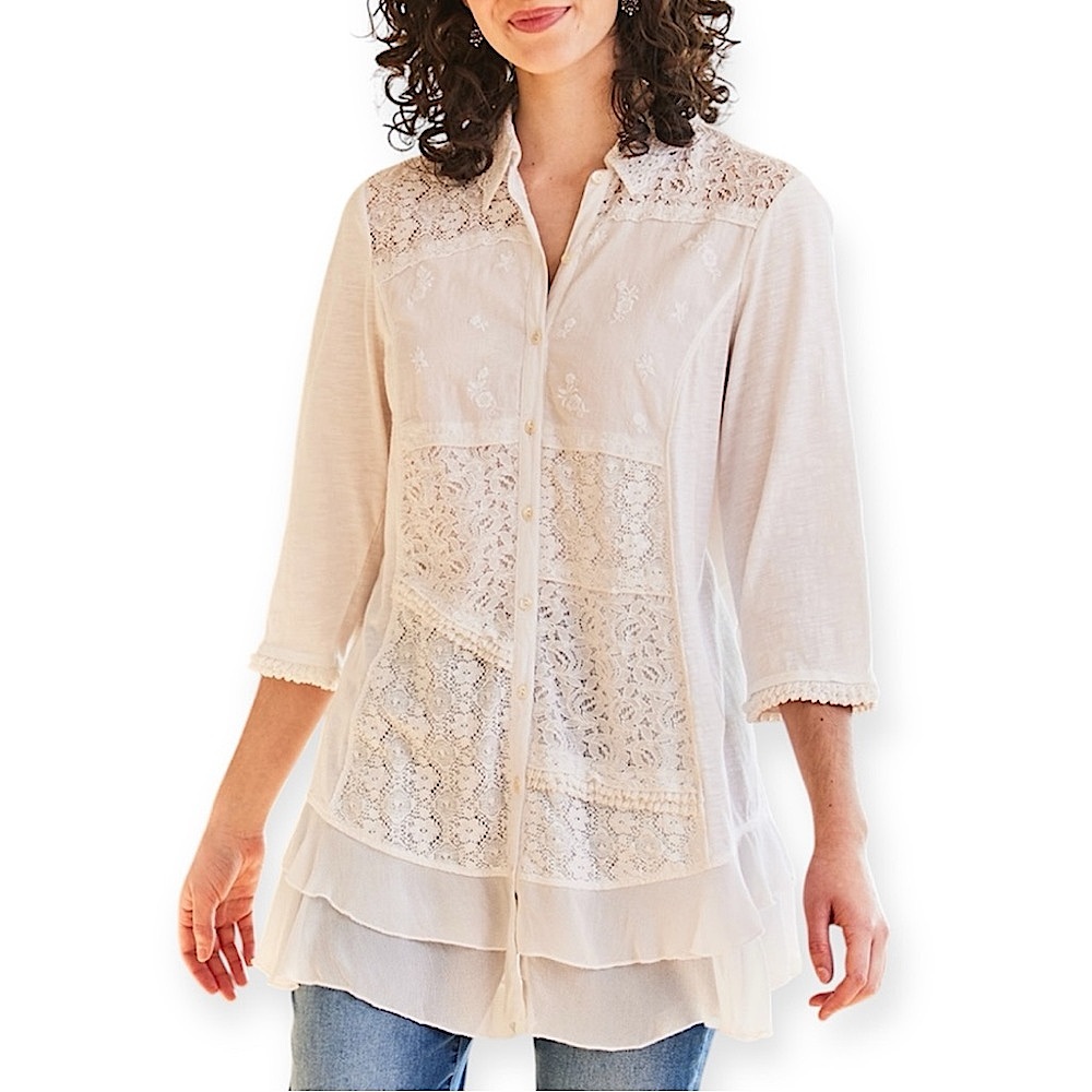 April Cornell White Tiered Notched Collar Blouse